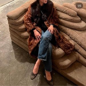 Beautiful vintage lamb fur coat with plush fox fur collar